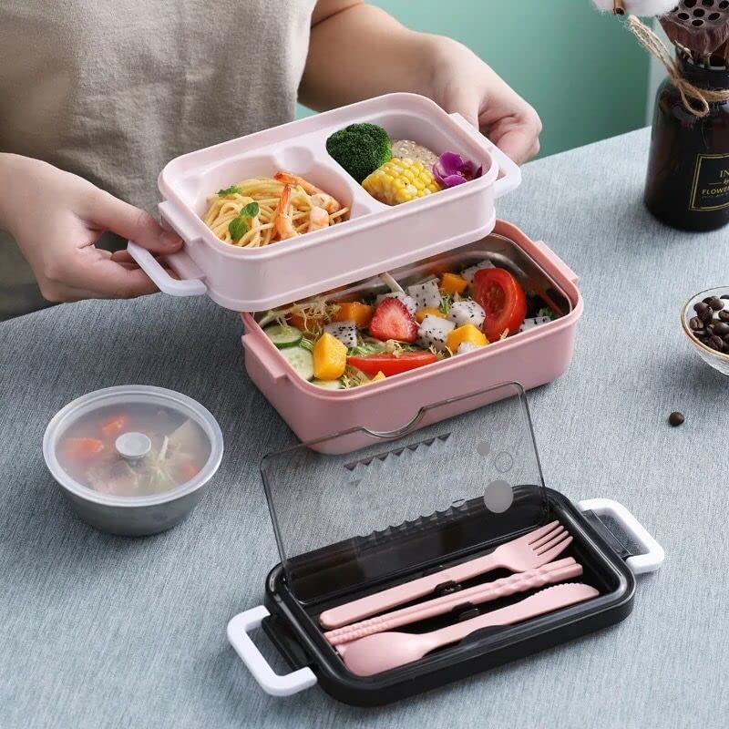 1400ml Lunch Box for Adult and Kids, Lunch Containers with 3 Compartments and Cutlery |BPA Free Bento Box| Lunch Box with Cutlery, 3 Layers Sandwich Containers 21.5cm* 11.5cm* 11cm*(Pink)
