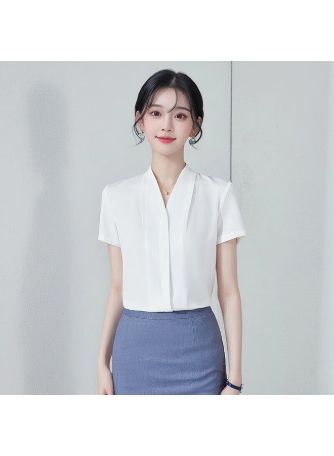 Teluoman White Chiffon Short-sleeve Blouse For Women, Summer V-neck Professional Attire, Elegant Teacher Certification Outfit, Formal Interview Ol Shirt - Image 3