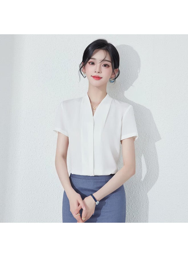 Teluoman White Chiffon Short-sleeve Blouse For Women, Summer V-neck Professional Attire, Elegant Teacher Certification Outfit, Formal Interview Ol Shirt - Image 4
