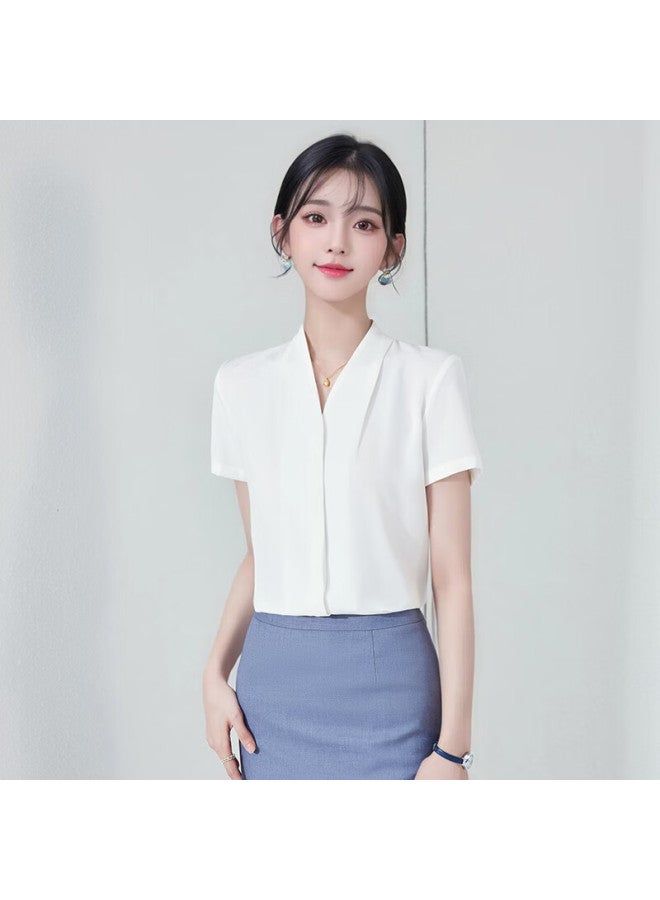 Teluoman White Chiffon Short-sleeve Blouse For Women, Summer V-neck Professional Attire, Elegant Teacher Certification Outfit, Formal Interview Ol Shirt - Image 2