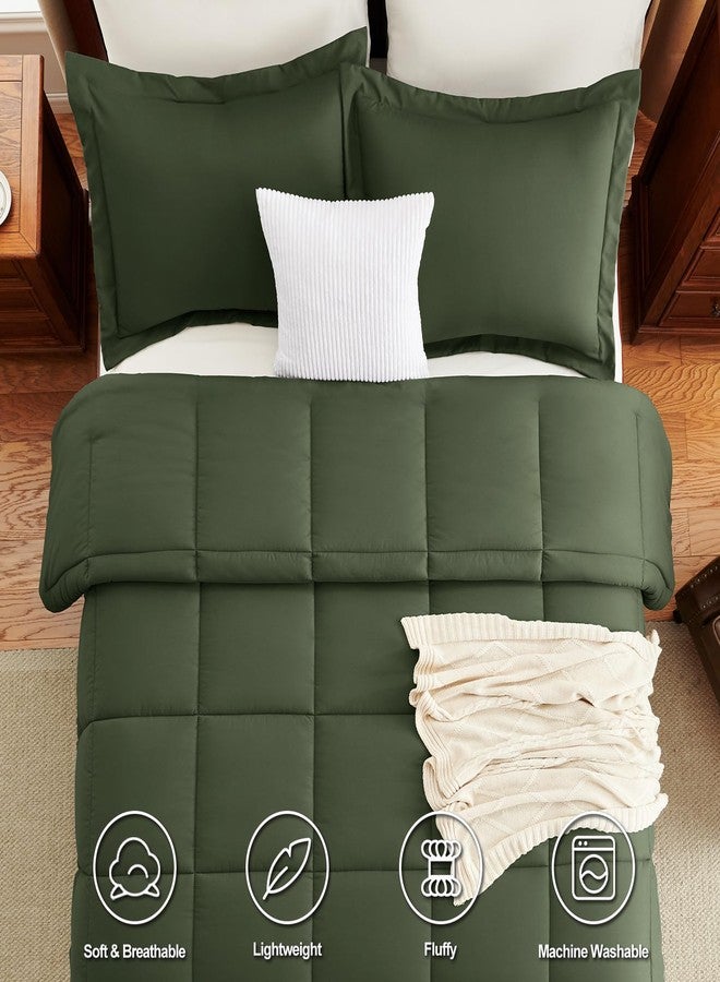 CozyLux طقم لحاف كوزي لوكس كينج - لحاف أخضر زيتوني مقاس كينج، طقم سرير مكون من 3 قطع بخياطة مربعة مناسب لجميع الفصول، أطقم مفروشات ناعمة وخفيفة الوزن مع لحاف واحد بديل للريش و2 غطاء وسادة - Image 4
