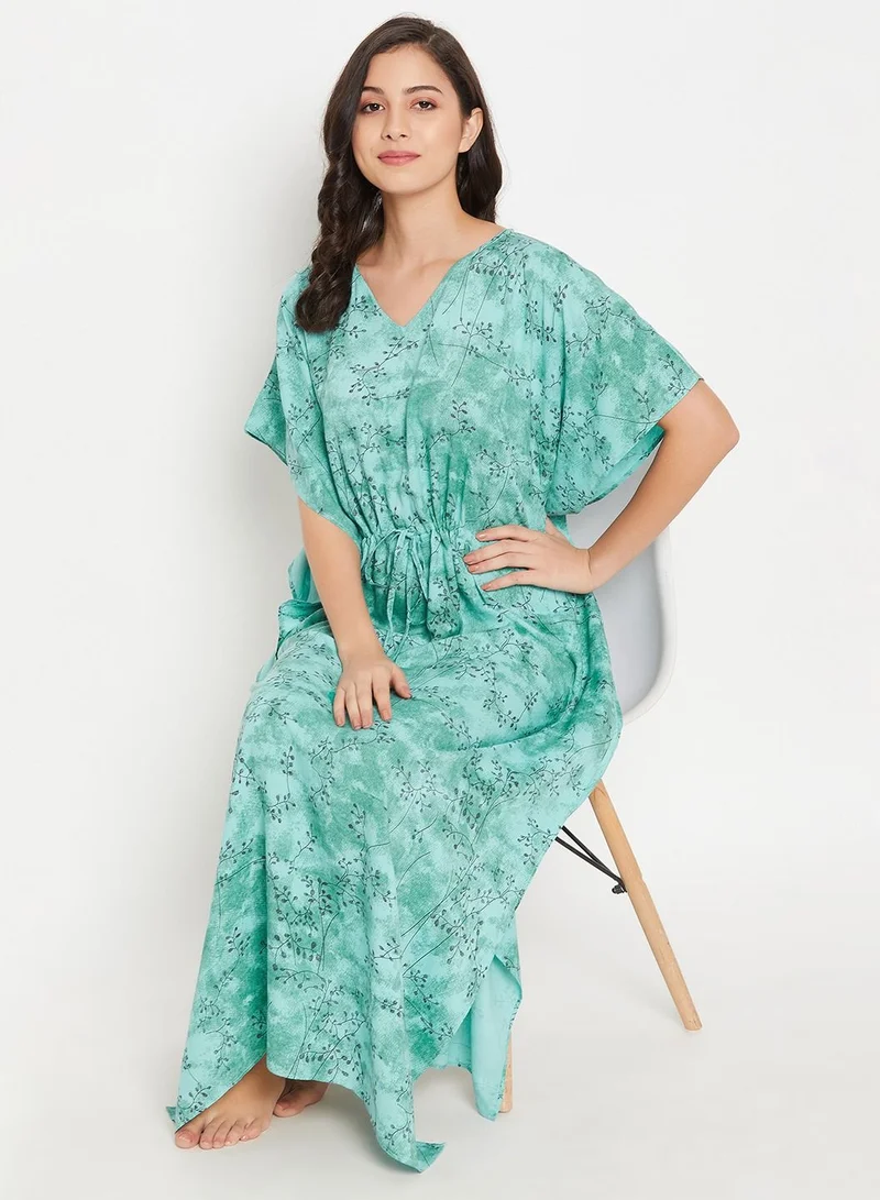 Clovia Clovia Leaf Print Long Kaftan In Teal Blue - Rayon