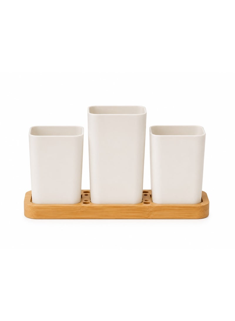 3-Piece White Plastic Organizer Set with Wooden Base, Desktop Storage Containers for Kitchen, Bathroom, Bedroom and Office Organization - Image 4