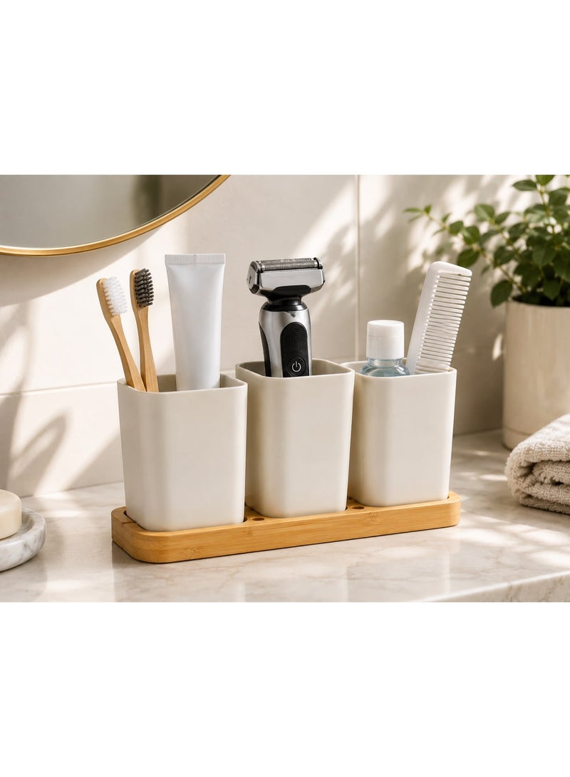 3-Piece White Plastic Organizer Set with Wooden Base, Desktop Storage Containers for Kitchen, Bathroom, Bedroom and Office Organization - Image 3