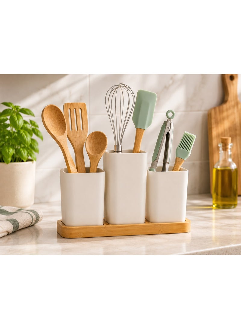 3-Piece White Plastic Organizer Set with Wooden Base, Desktop Storage Containers for Kitchen, Bathroom, Bedroom and Office Organization - Image 5