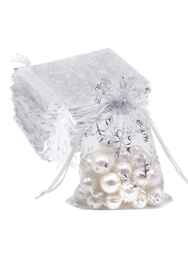 HRX Package - 100Pcs Snowflake Organza Gift Bags Christmas 3.9 X 4.7 Inch Small White Mesh Jewelry Pouches Little Drawstring Candy Bags - Image 1