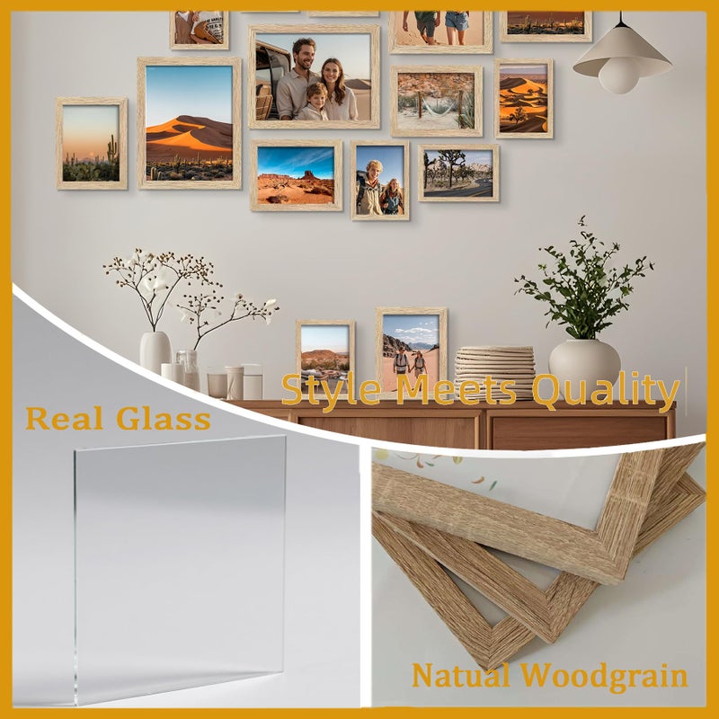 BESCRCL 15 Pack Real Glass Picture Frames Collage Wall Decor, Including 3pcs 8x10, 6pcs 5x7, 6pcs 4x6 Photo Frames for Gallery Wall or Tabletop Display, Natural Woodgrain - Image 3