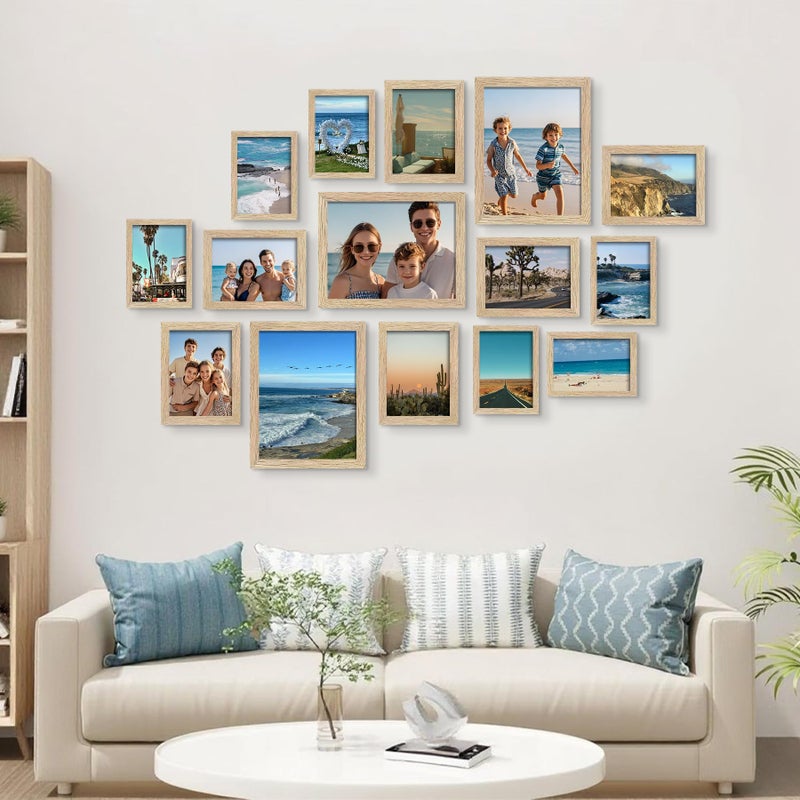 BESCRCL 15 Pack Real Glass Picture Frames Collage Wall Decor, Including 3pcs 8x10, 6pcs 5x7, 6pcs 4x6 Photo Frames for Gallery Wall or Tabletop Display, Natural Woodgrain - Image 2