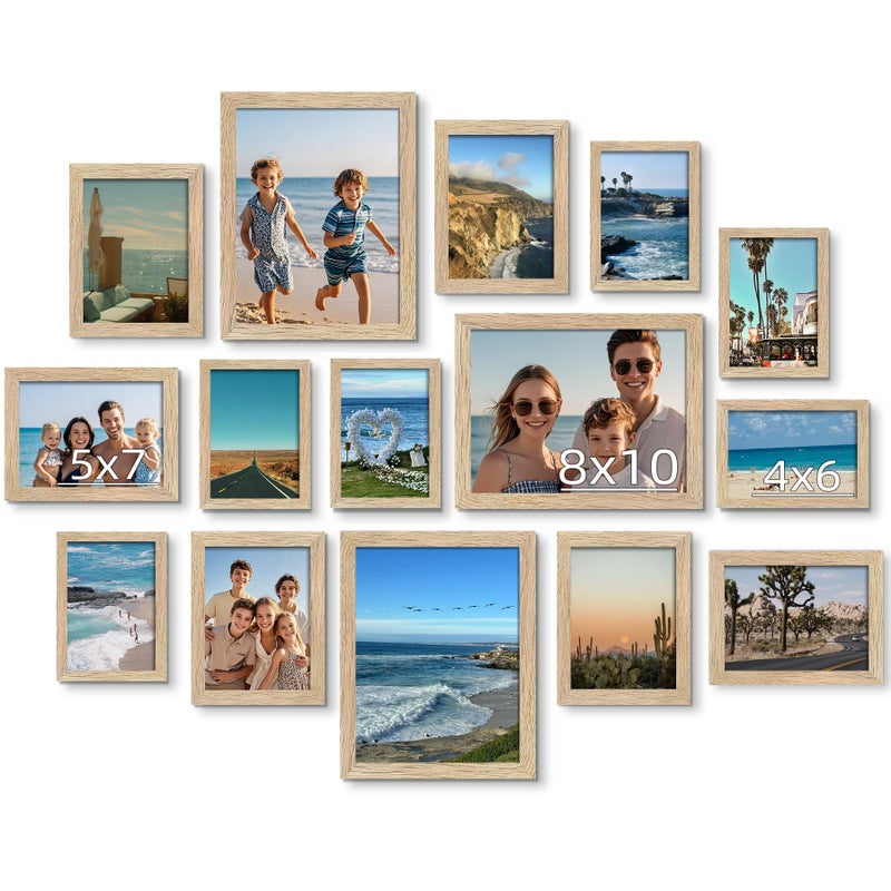 BESCRCL 15 Pack Real Glass Picture Frames Collage Wall Decor, Including 3pcs 8x10, 6pcs 5x7, 6pcs 4x6 Photo Frames for Gallery Wall or Tabletop Display, Natural Woodgrain - Image 1