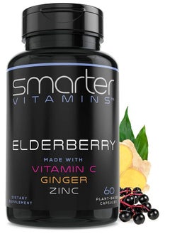 SmarterVitamins Smarter Elderberry Capsules + Vitamin C + Ginger & Zinc, Herbal Supplement for Immune Support, Powerful Black Elder Berry Extract Antioxidant Vitamin, 60 Vegan Pills  - Image 1