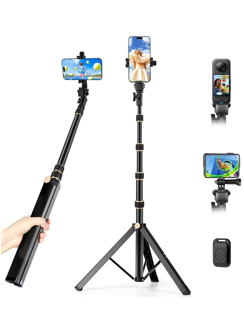170cm Tripod Stand for iPhone, Extendable Phone Holder with Remote Control and 360° Rotating Phone Holder, Sturdy Aluminum Selfie Stick with Wide Legs and Thicker Tube, Gold Handle Lock  - Image 1