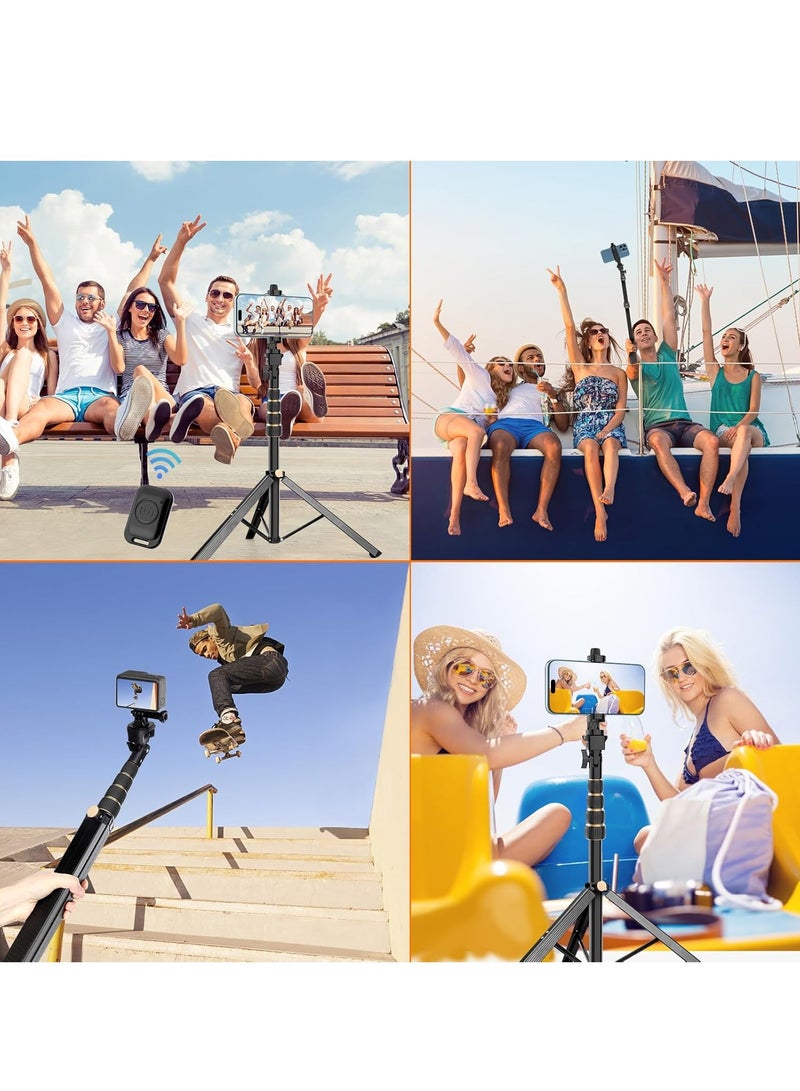 170cm Tripod Stand for iPhone, Extendable Phone Holder with Remote Control and 360° Rotating Phone Holder, Sturdy Aluminum Selfie Stick with Wide Legs and Thicker Tube, Gold Handle Lock  - Image 5