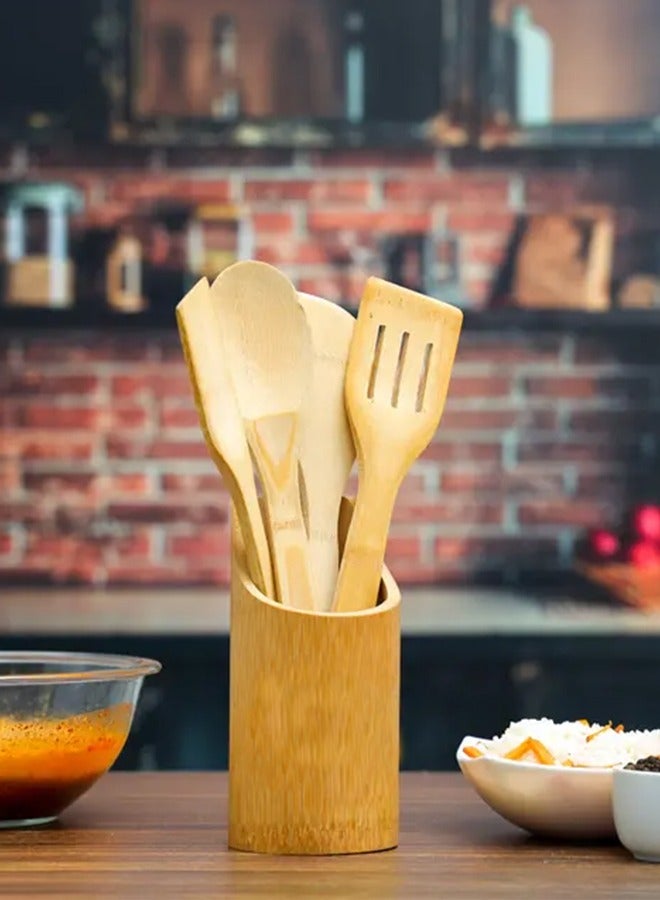 4-Piece Wooden Spoon Set With Stand Beige  - Image 1