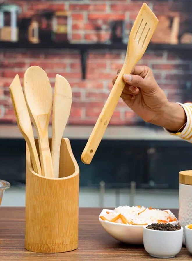 4-Piece Wooden Spoon Set With Stand Beige  - Image 2