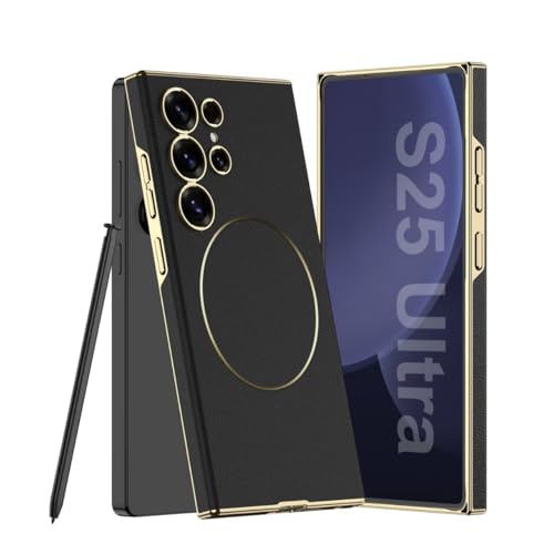 Midkart Leather Case Compatible with Samsung Galaxy S25 Ultra and Compatible with Magsafe Charging Electroplated Hard PC Lightweight Cover, Black - Image 1