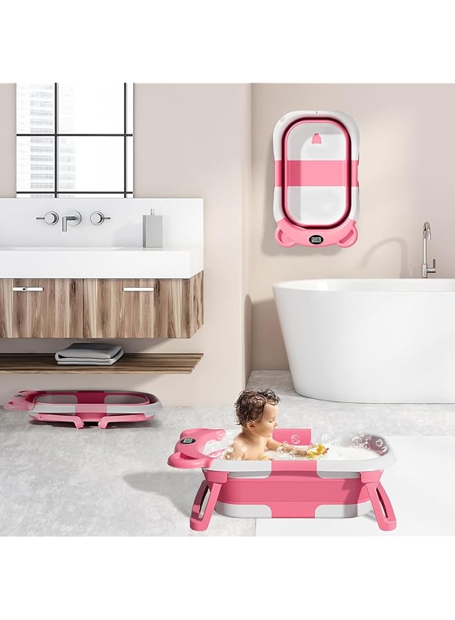 Collapsible Baby Bathtub Portable Folding Bathtub With Non Slip Mat Drain Hole Travel Multifunctional Baby Bath Tub For Newborn Toddler Infant (Pink) - Image 5