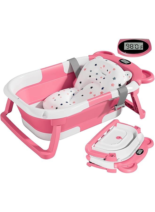 Collapsible Baby Bathtub Portable Folding Bathtub With Non Slip Mat Drain Hole Travel Multifunctional Baby Bath Tub For Newborn Toddler Infant (Pink) - Image 1