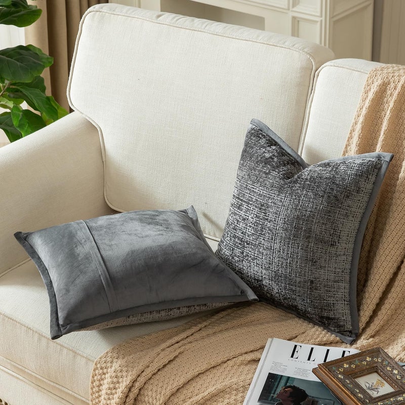 Yaertun Pack of 2 Chenille Textured Decorative Throw Pillow Covers Accent Solid Cushion Cover Soft Cozy Pillow Case with Velvet Back for Couch Sofa Bed Living Room 24x24 Inch Grey - Image 2