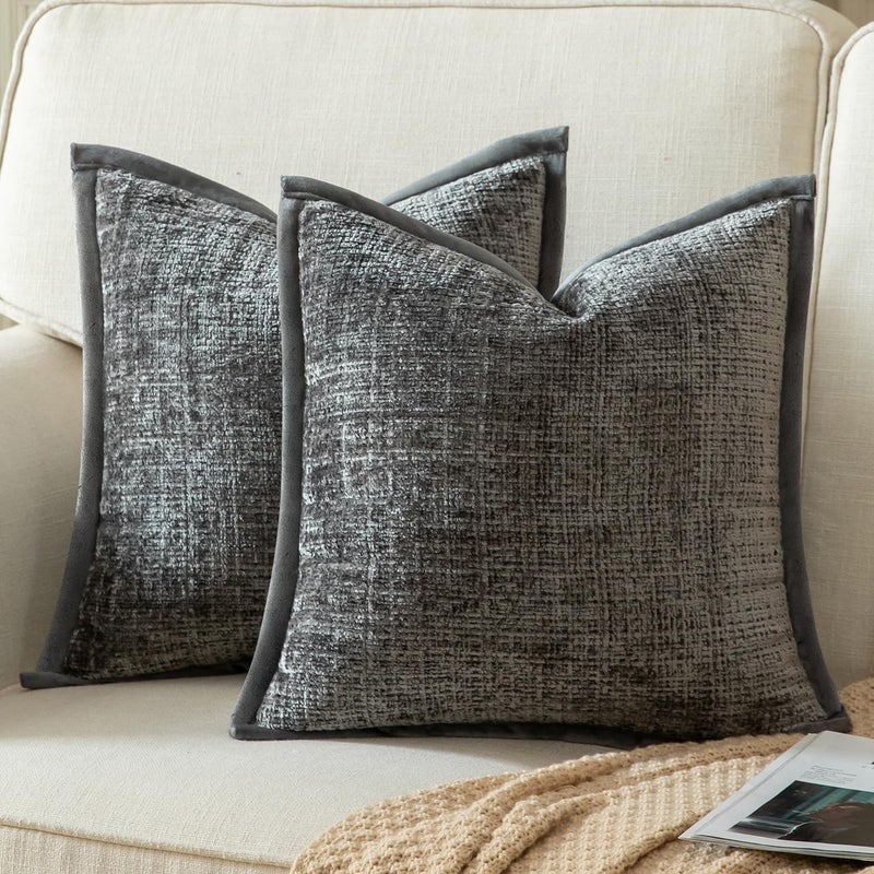 Yaertun Pack of 2 Chenille Textured Decorative Throw Pillow Covers Accent Solid Cushion Cover Soft Cozy Pillow Case with Velvet Back for Couch Sofa Bed Living Room 24x24 Inch Grey - Image 1