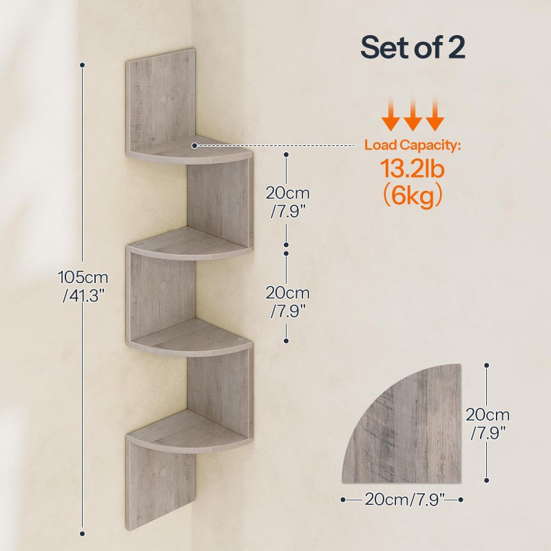 HOOBRO Corner Shelf Wall-Mounted, Set of 2 Floating Corner Shelves, 4-Tier Corner Bookshelves for Wall Decor in Living Room, Bedroom, Bathroom, Home Office, Greige BG25BJP201 - Image 3