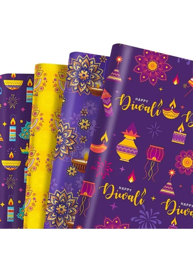 KANDiD 4 Sheets Diwali Wrapping Paper - Extra Large 50.04x69.85 cm Indian Festival Decoration Paper, Deep Purple, Golden, Pink, teal Party Gifts for Diwali, Birthdays, Weddings - Happy Diwali Designs - Ideal for Diya Gifts & Decorations - Image 2