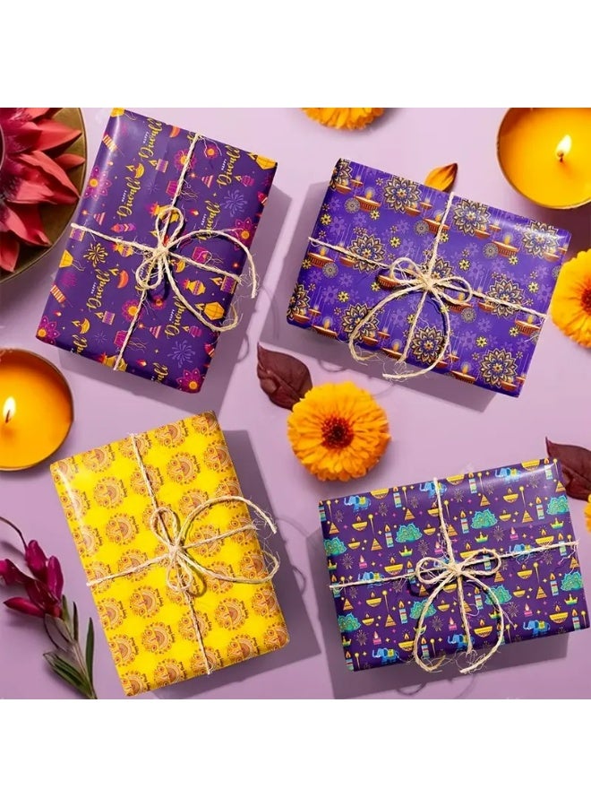 KANDiD 4 Sheets Diwali Wrapping Paper - Extra Large 50.04x69.85 cm Indian Festival Decoration Paper, Deep Purple, Golden, Pink, teal Party Gifts for Diwali, Birthdays, Weddings - Happy Diwali Designs - Ideal for Diya Gifts & Decorations - Image 3