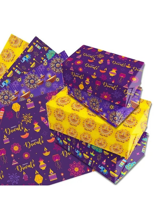 KANDiD 4 Sheets Diwali Wrapping Paper - Extra Large 50.04x69.85 cm Indian Festival Decoration Paper, Deep Purple, Golden, Pink, teal Party Gifts for Diwali, Birthdays, Weddings - Happy Diwali Designs - Ideal for Diya Gifts & Decorations - Image 1