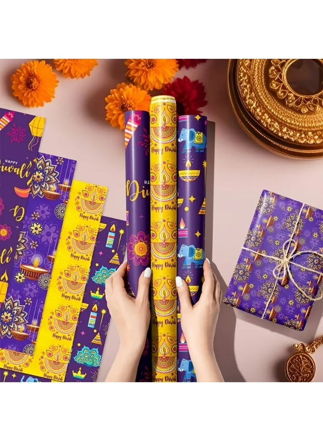 KANDiD 4 Sheets Diwali Wrapping Paper - Extra Large 50.04x69.85 cm Indian Festival Decoration Paper, Deep Purple, Golden, Pink, teal Party Gifts for Diwali, Birthdays, Weddings - Happy Diwali Designs - Ideal for Diya Gifts & Decorations - Image 5