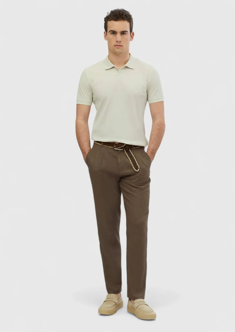 RAMSEY Stone Plain Polo Neck 100% Cotton T-Shirt