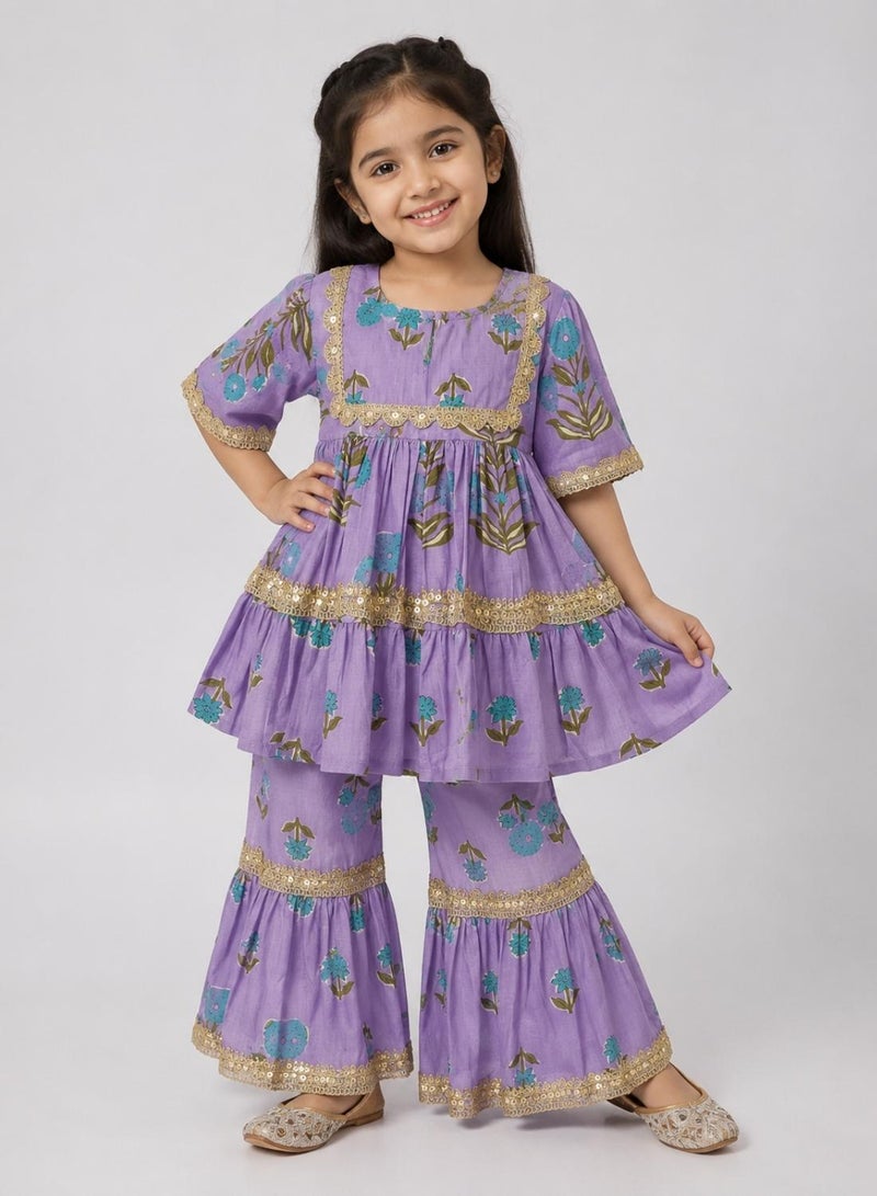 babyqlo Girls Purple Floral Peplum Kurta and Sharara Set - Image 1