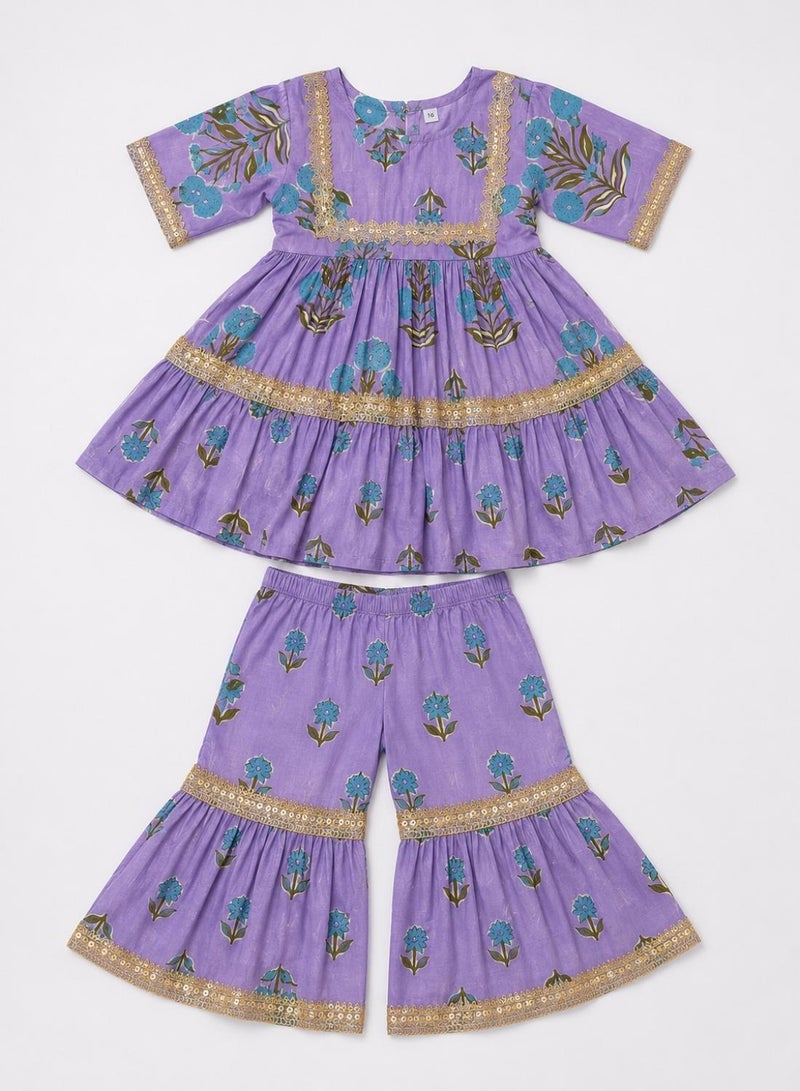 babyqlo Girls Purple Floral Peplum Kurta and Sharara Set - Image 5