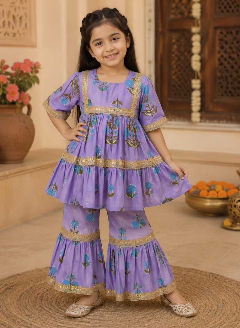 babyqlo Girls Purple Floral Peplum Kurta and Sharara Set - Image 2