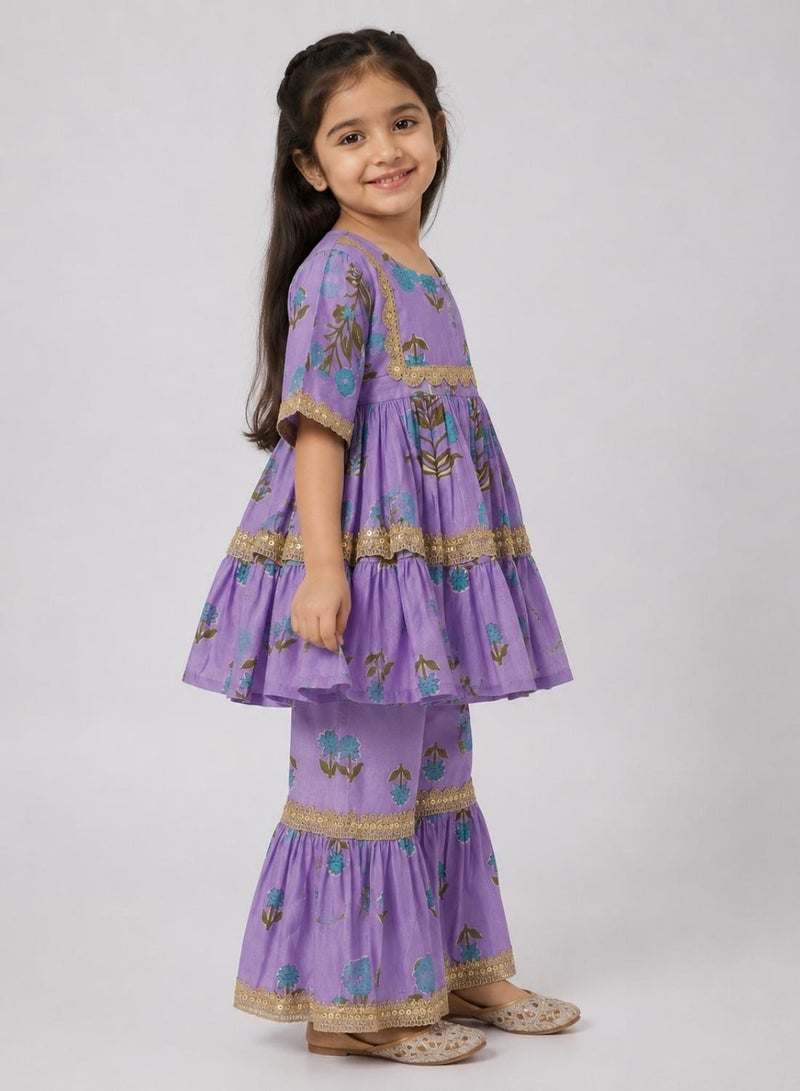 babyqlo Girls Purple Floral Peplum Kurta and Sharara Set - Image 4