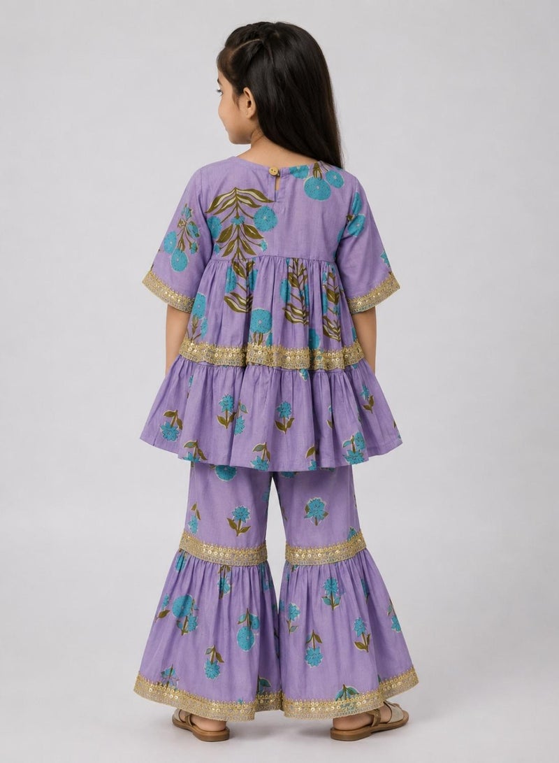 babyqlo Girls Purple Floral Peplum Kurta and Sharara Set - Image 3