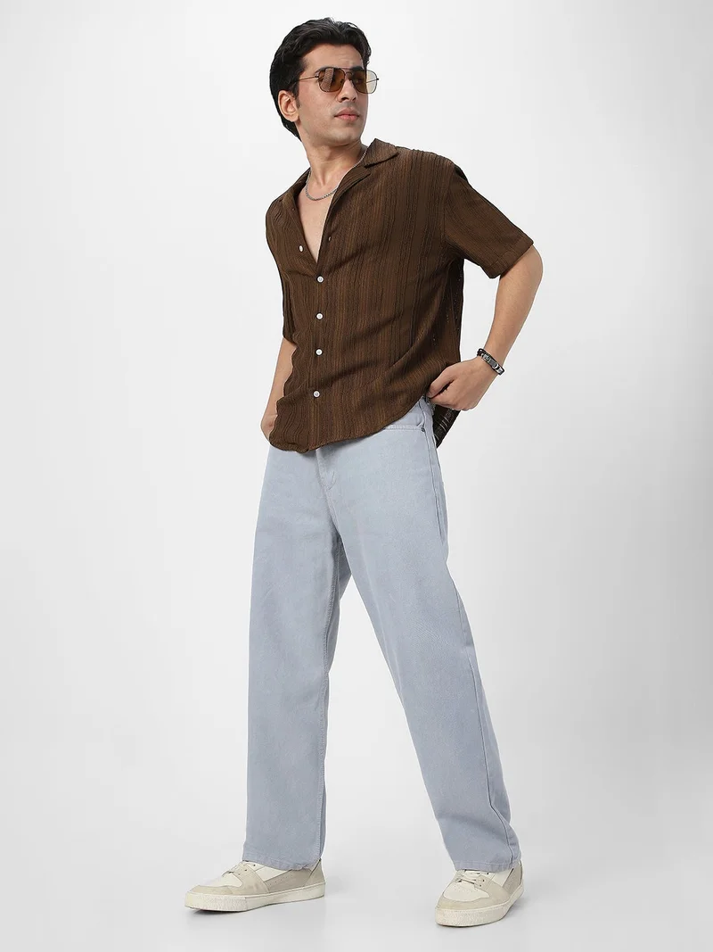 Urbano Fashion  Urbano Fashion Men's Brown Cotton Half Sleeve Oversized Fit Textured Shirt with Cuban Collar  | Best Price UAE