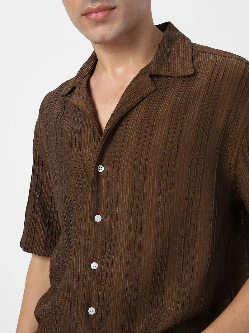 Urbano Fashion  Urbano Fashion Men's Brown Cotton Half Sleeve Oversized Fit Textured Shirt with Cuban Collar  | Best Price UAE