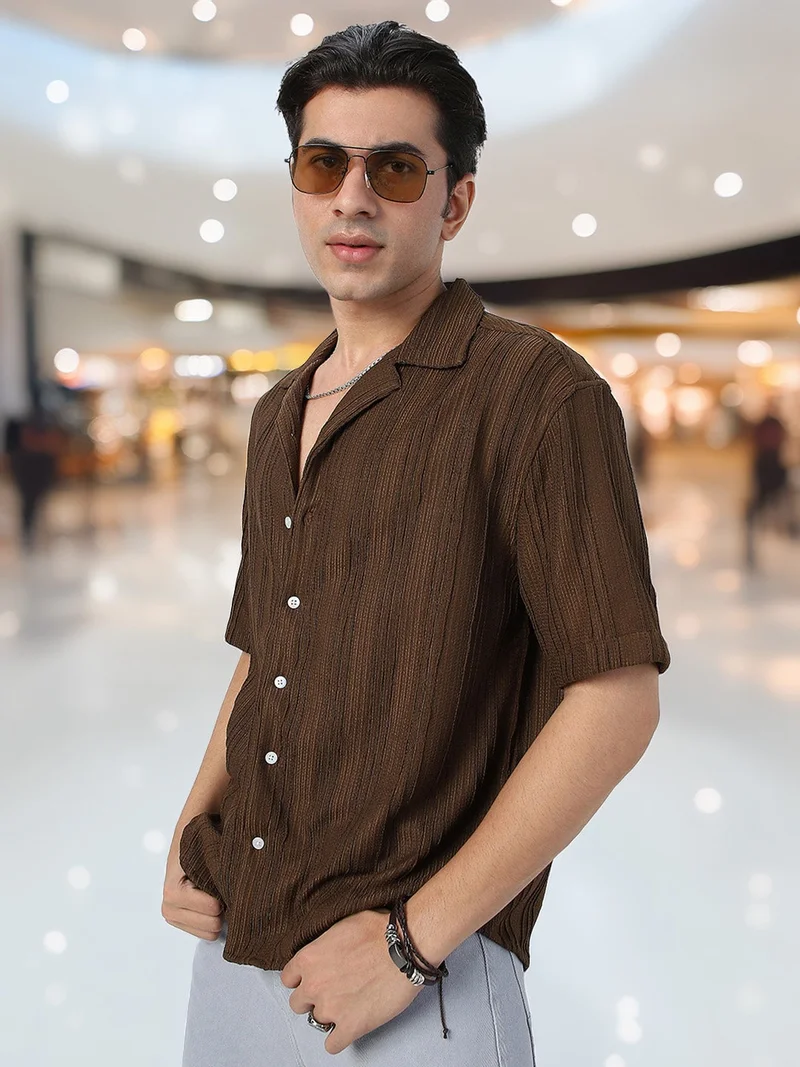 Urbano Fashion  Urbano Fashion Men's Brown Cotton Half Sleeve Oversized Fit Textured Shirt with Cuban Collar  | Best Price UAE