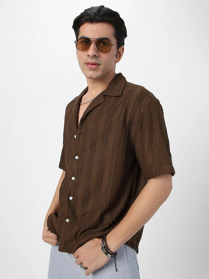 Urbano Fashion Men's Brown Cotton Half Sleeve Oversized Fit Textured Shirt with Cuban Collar