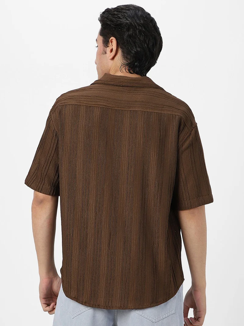 Urbano Fashion  Urbano Fashion Men's Brown Cotton Half Sleeve Oversized Fit Textured Shirt with Cuban Collar  | Best Price UAE