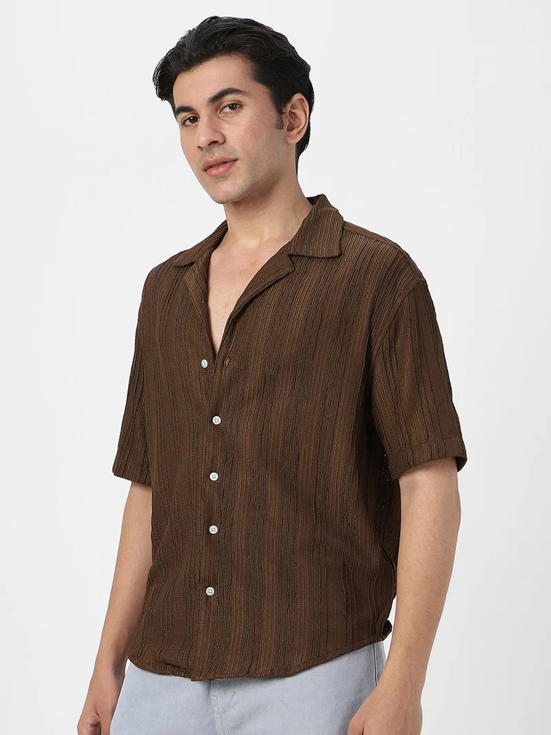 Urbano Fashion  Urbano Fashion Men's Brown Cotton Half Sleeve Oversized Fit Textured Shirt with Cuban Collar  | Best Price UAE