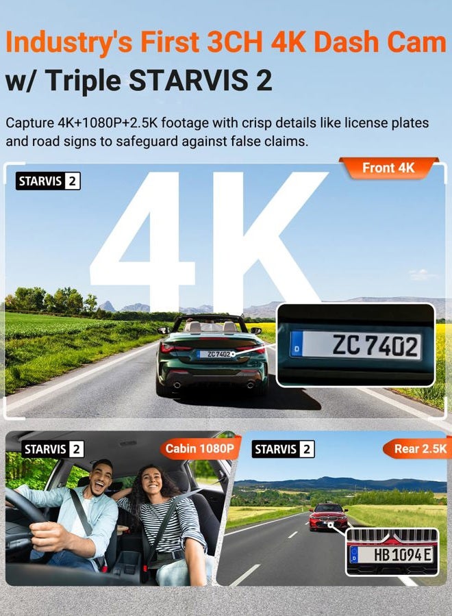 Vantrue N4 Pro S 4K 3 Channel Dash Cam w/Triple STARVIS 2, 4K+1080P+2.5K Front Inside Rear Dash Camera, HDR IR Night Vision, Voice Control, 24/7 Parking Mode, GPS, Wi-Fi, Support 1TB - Image 2