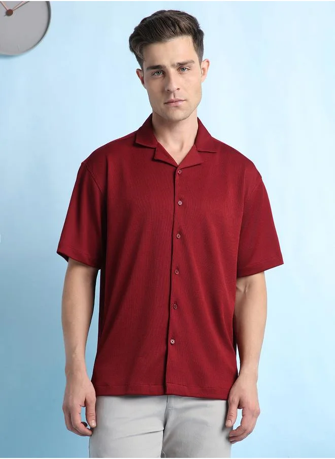 دينيس لينغو Maroon Relaxed Fit Cuban Collar Half Sleeve Shirt for Men, designed with a textured 100% poly fabric for a sleek and stylish appeal – the perfect pick for any trendsetter.