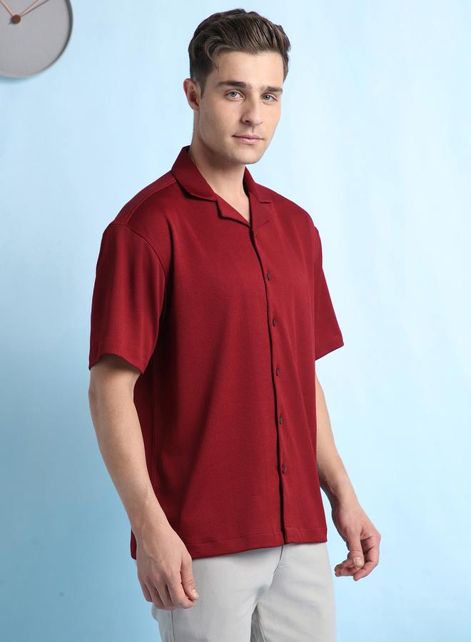 Dennis Lingo Maroon Relaxed Fit Cuban Collar Half Sleeve Shirt For Men  - Image 3