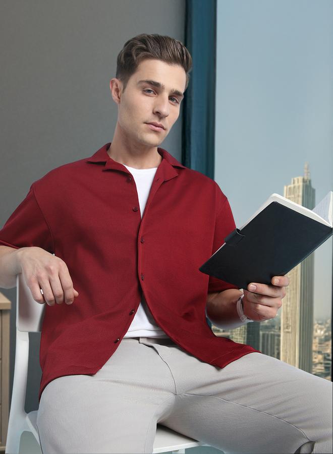 Dennis Lingo Maroon Relaxed Fit Cuban Collar Half Sleeve Shirt For Men  - Image 2