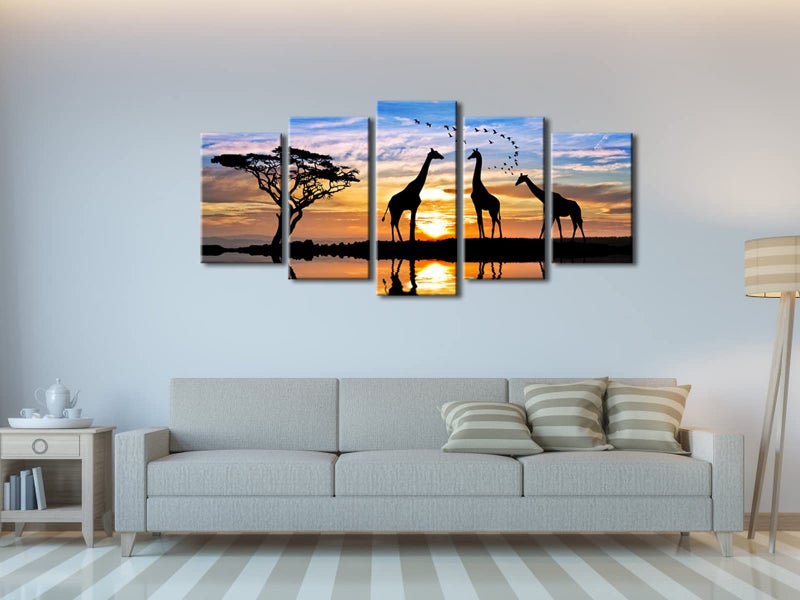 Pyradecor 5 Piece Modern Stretched African Landscape Canvas Prints Animals Sunset Artwork Pictures Paintings on Canvas Wall Art for Living Room Bedroom Kitchen Home Decorations - Image 5