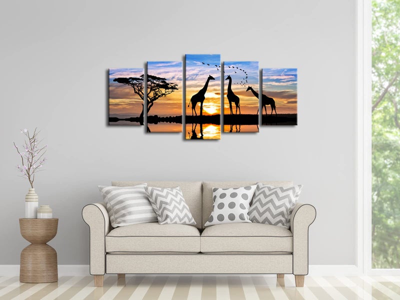 Pyradecor 5 Piece Modern Stretched African Landscape Canvas Prints Animals Sunset Artwork Pictures Paintings on Canvas Wall Art for Living Room Bedroom Kitchen Home Decorations - Image 2