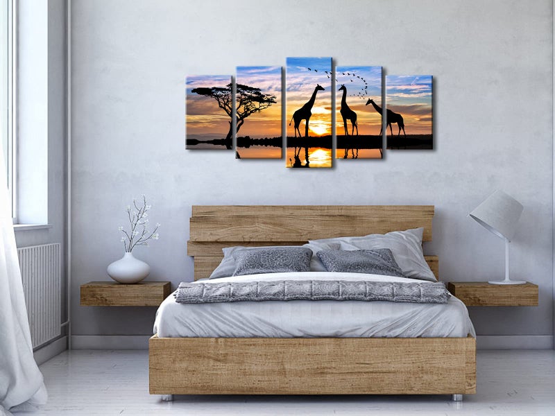 Pyradecor 5 Piece Modern Stretched African Landscape Canvas Prints Animals Sunset Artwork Pictures Paintings on Canvas Wall Art for Living Room Bedroom Kitchen Home Decorations - Image 4