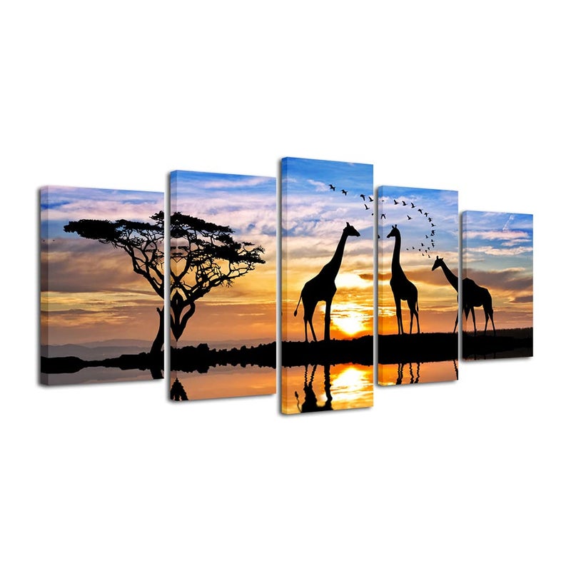 Pyradecor 5 Piece Modern Stretched African Landscape Canvas Prints Animals Sunset Artwork Pictures Paintings on Canvas Wall Art for Living Room Bedroom Kitchen Home Decorations - Image 1