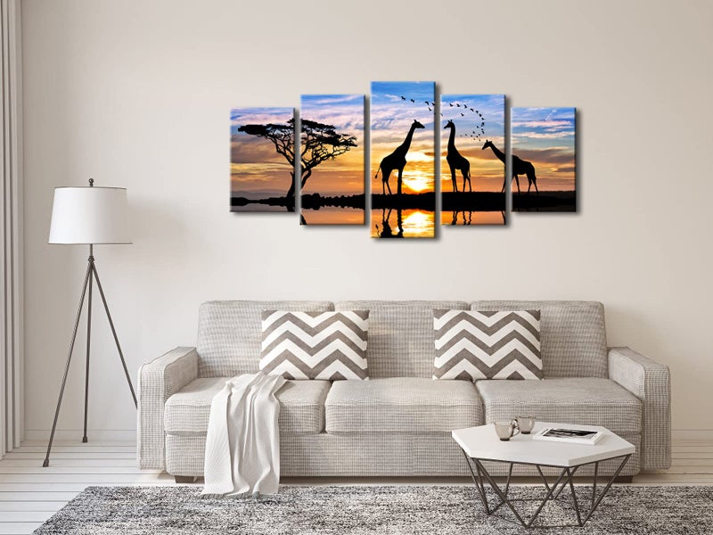 Pyradecor 5 Piece Modern Stretched African Landscape Canvas Prints Animals Sunset Artwork Pictures Paintings on Canvas Wall Art for Living Room Bedroom Kitchen Home Decorations - Image 3