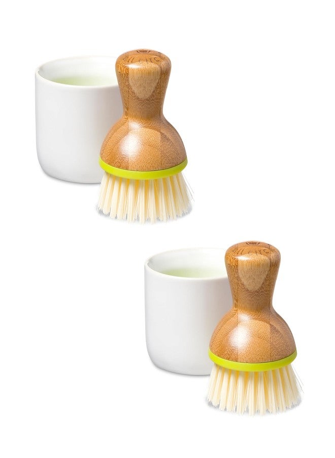 Full Circle Bubble Up- Eco-Friendly Bamboo Dish Brush & Ceramic Soap Dispenser - Natural Scrub Set for Dishes, Cast Iron - Kitchen Cleaning with Handle, White - 2 Pack - Image 1